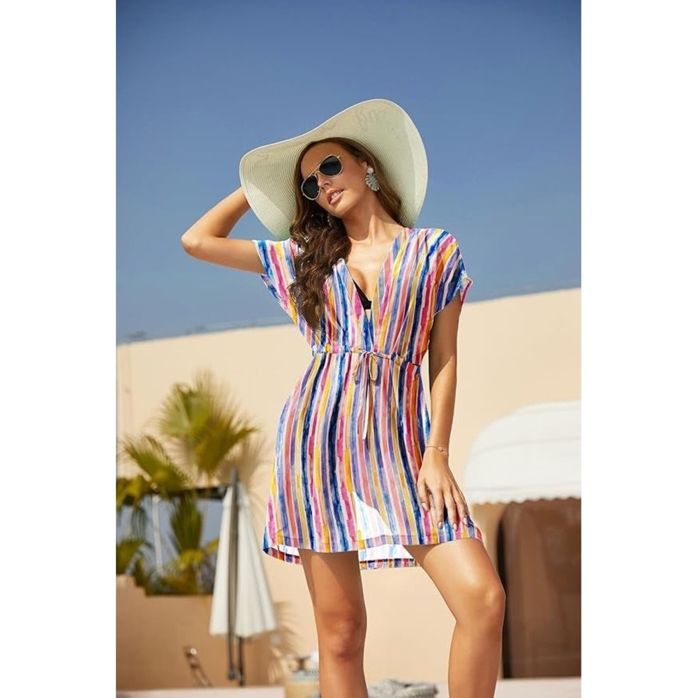 Avidlove XL Rainbow Watercolor Stripe Sheer Swim Cover Up Dress Beach Kaftan
